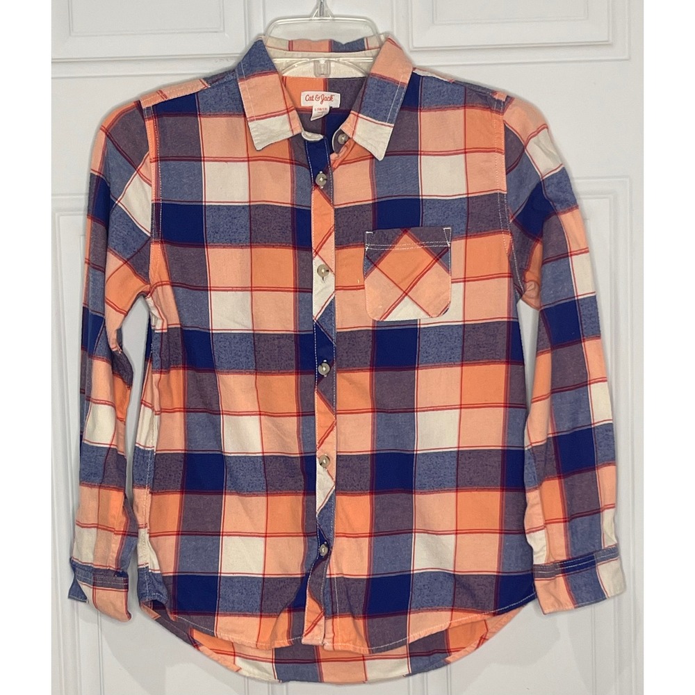 Cat & Jack Girls L 10/12 Orange Blue Plaid Button Down Flannel Shirt Long Sleeve